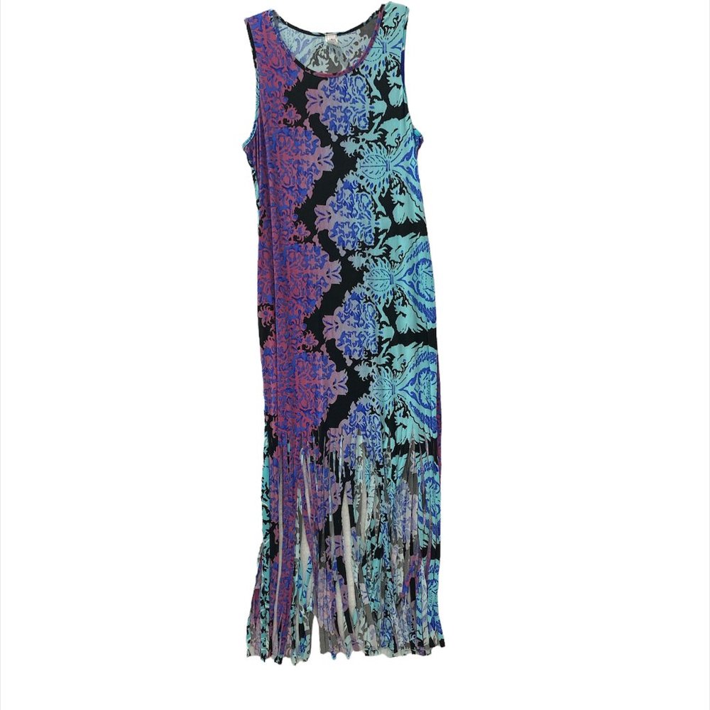 K Glam Maxi Dress Sleeveless Jersey Knit Fringe Bottom Floral Woman's 1X New